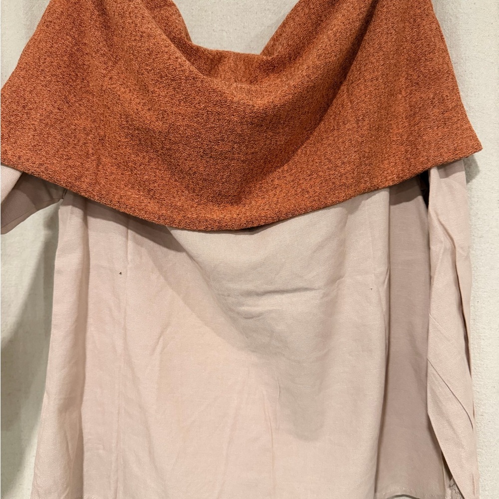 Off Shoulder Colorblock Blouse Draped Knit Top Beige Rust Long Sleeve Boho Chic - Picture 6 of 6